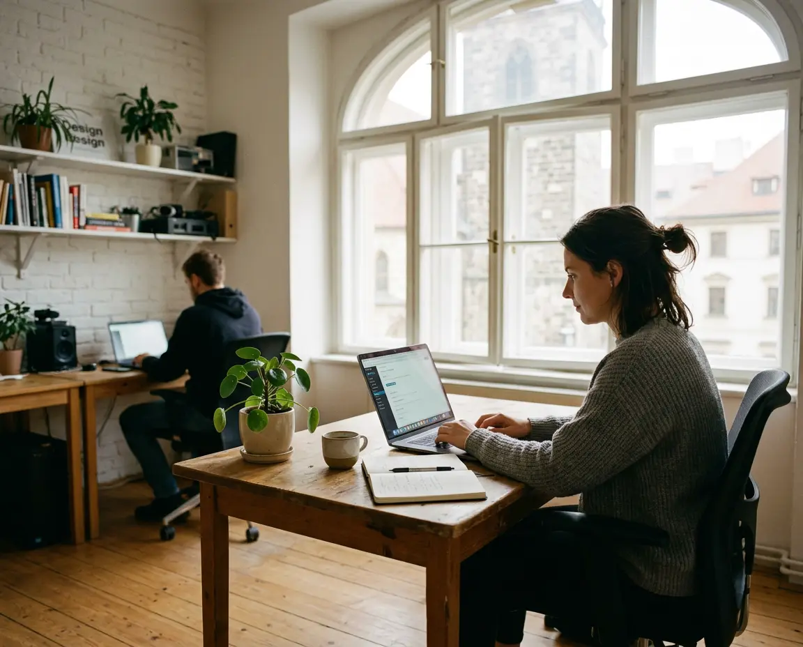 Webové studio ráno, dva lidé pracují u notebooků